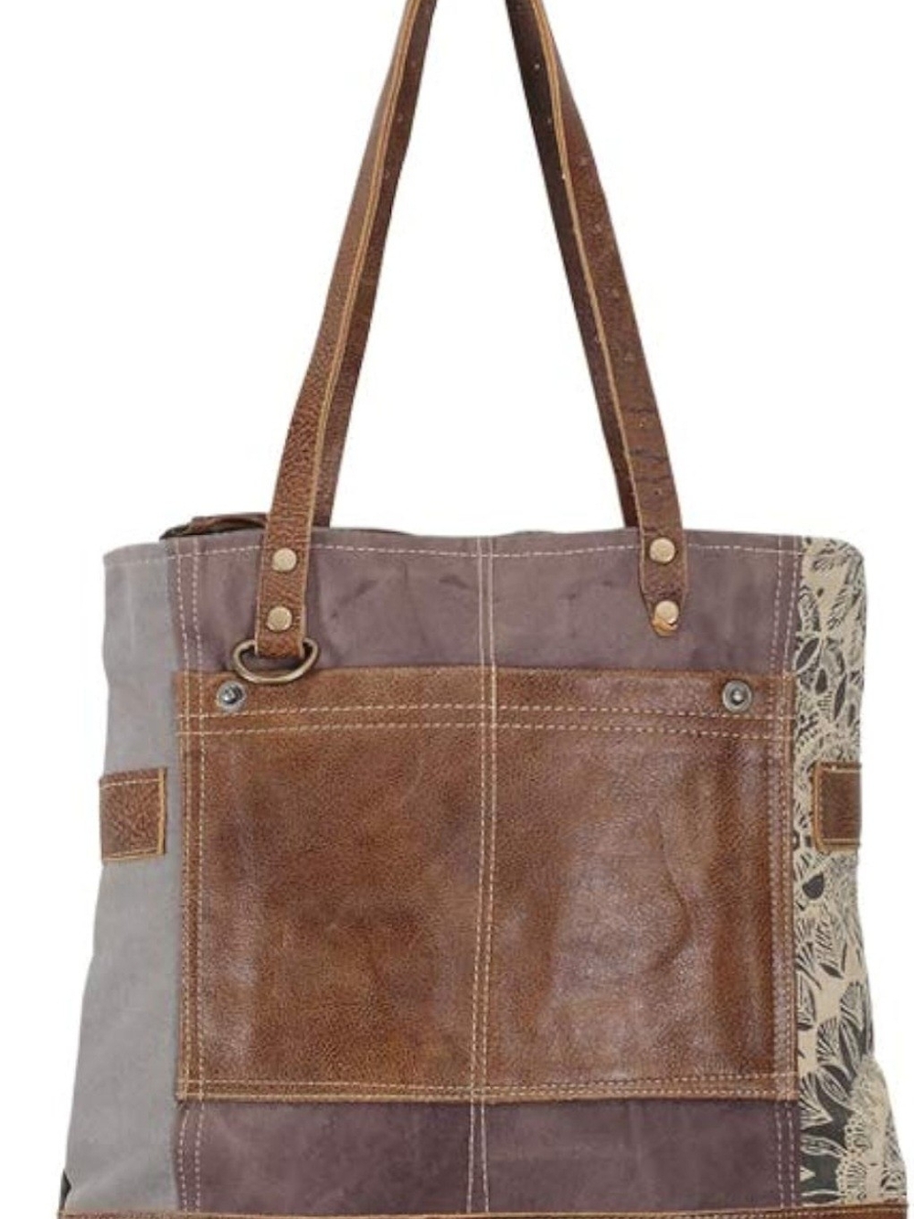 Myra Tote Bag, Brown Floral Pattern, Leather & Canvas, Zip Closure, Women's